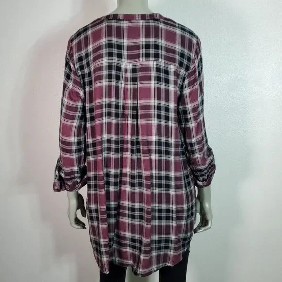 Torrid 1 Twill Henley Tunic Top Plus Size 1X Roll Tab Sleeve Pocket Plaid Purple - Picture 5 of 7
